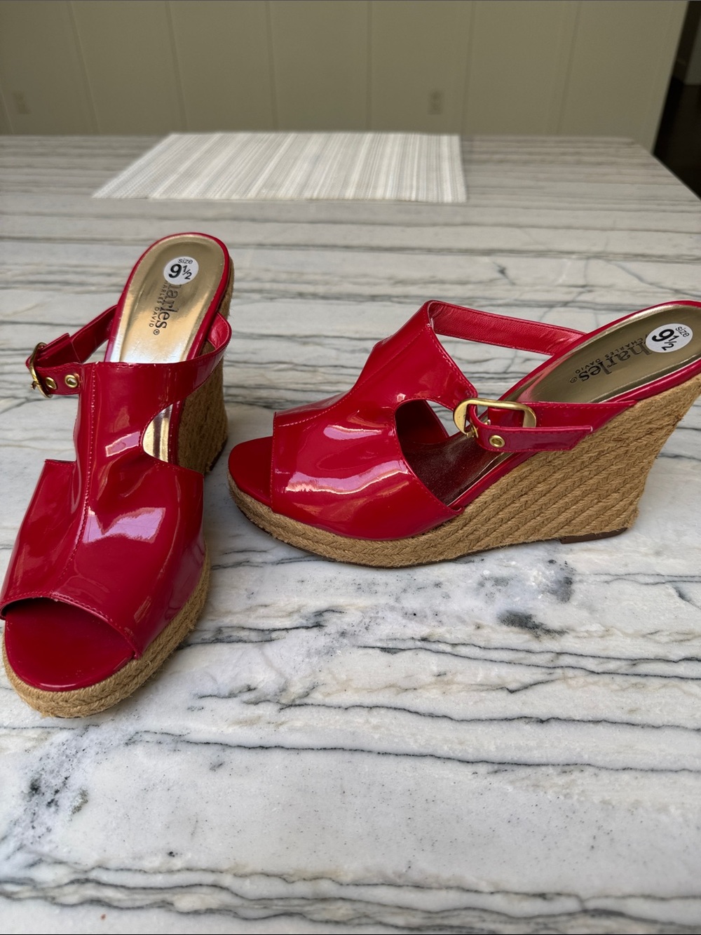 Charles David Red Patent Wedge Sandals with Jute Platform